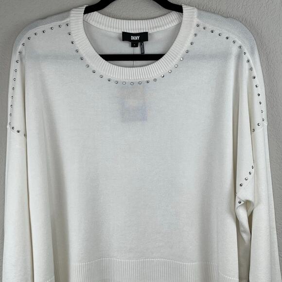 DKNY White Crewneck Stud Trim Split Hem Oversized Long Sleeve Sweater XL NWT - Picture 6 of 14